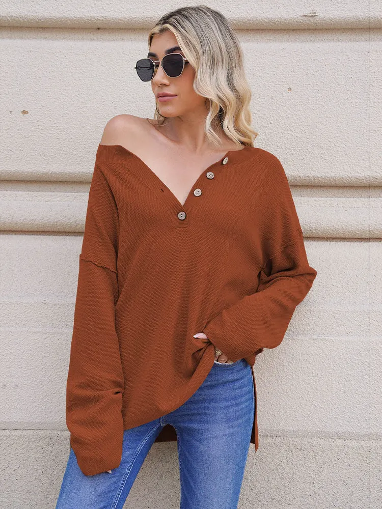 Women's Oversized Sweaters Batwing Sleeve Button Up Color Block Henley Pullover Knit Jumper