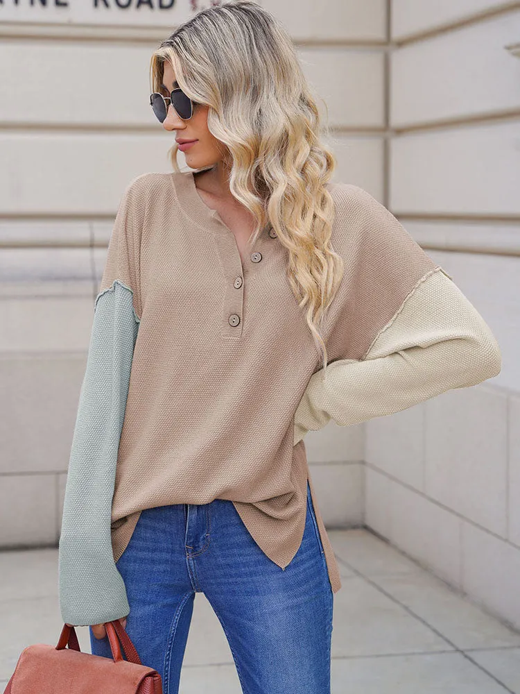 Women's Oversized Sweaters Batwing Sleeve Button Up Color Block Henley Pullover Knit Jumper