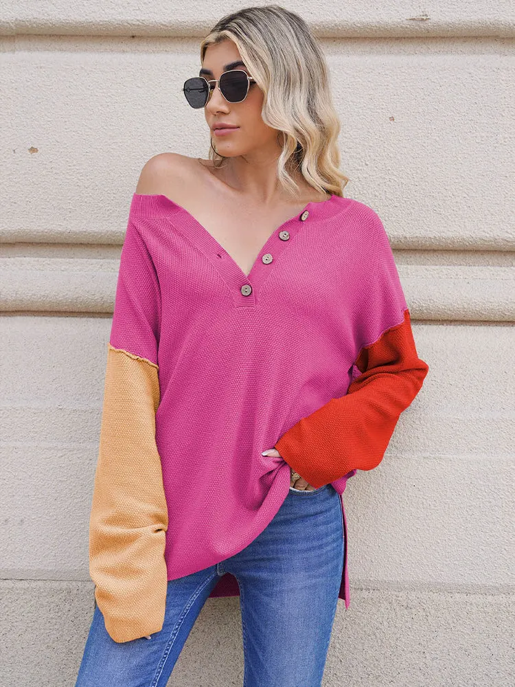 Women's Oversized Sweaters Batwing Sleeve Button Up Color Block Henley Pullover Knit Jumper