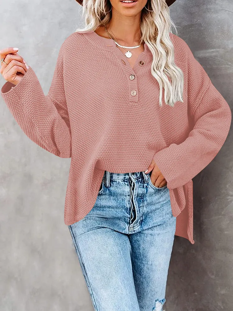 Women's Oversized Sweaters Batwing Sleeve Button Up Color Block Henley Pullover Knit Jumper