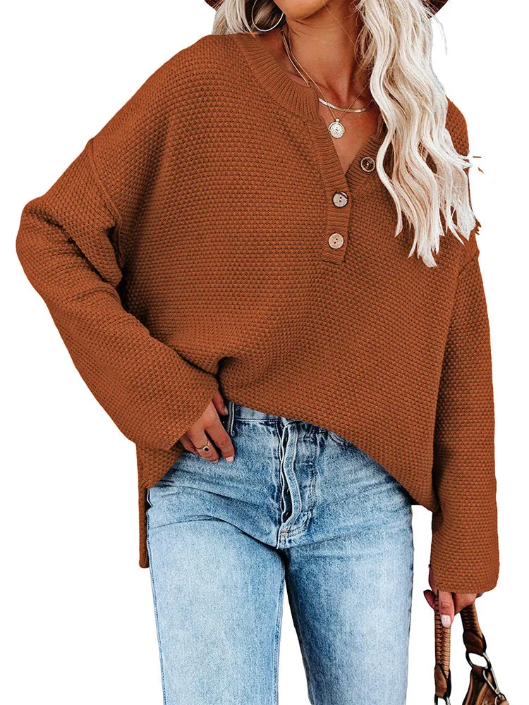 Women's Oversized Sweaters Batwing Sleeve Button Up Color Block Henley Pullover Knit Jumper