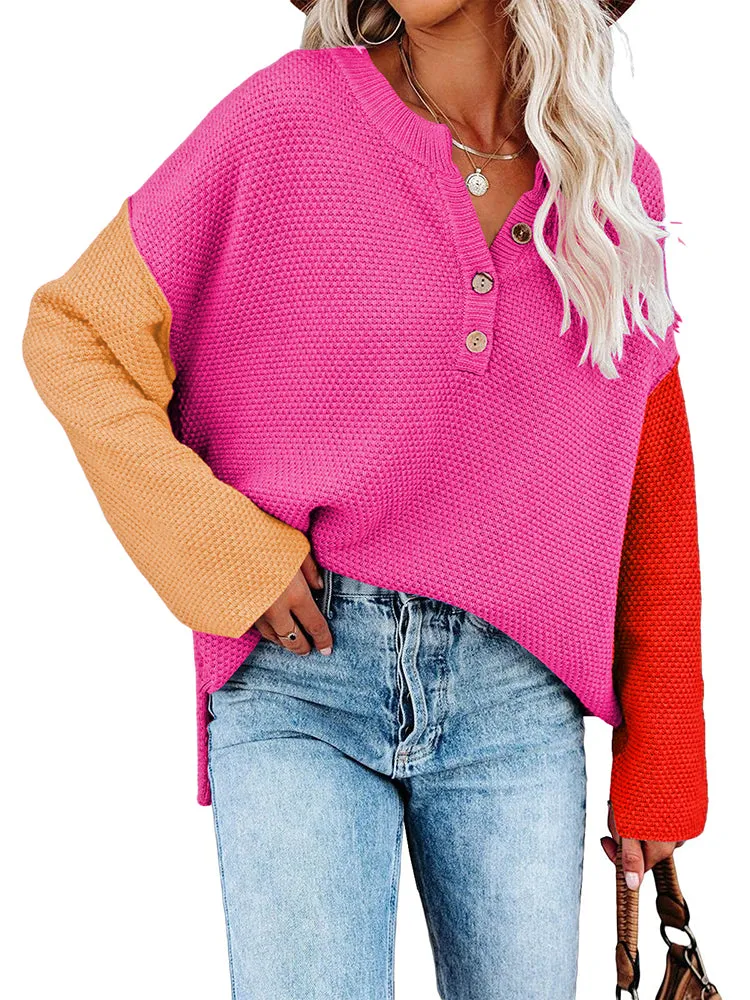 Women's Oversized Sweaters Batwing Sleeve Button Up Color Block Henley Pullover Knit Jumper