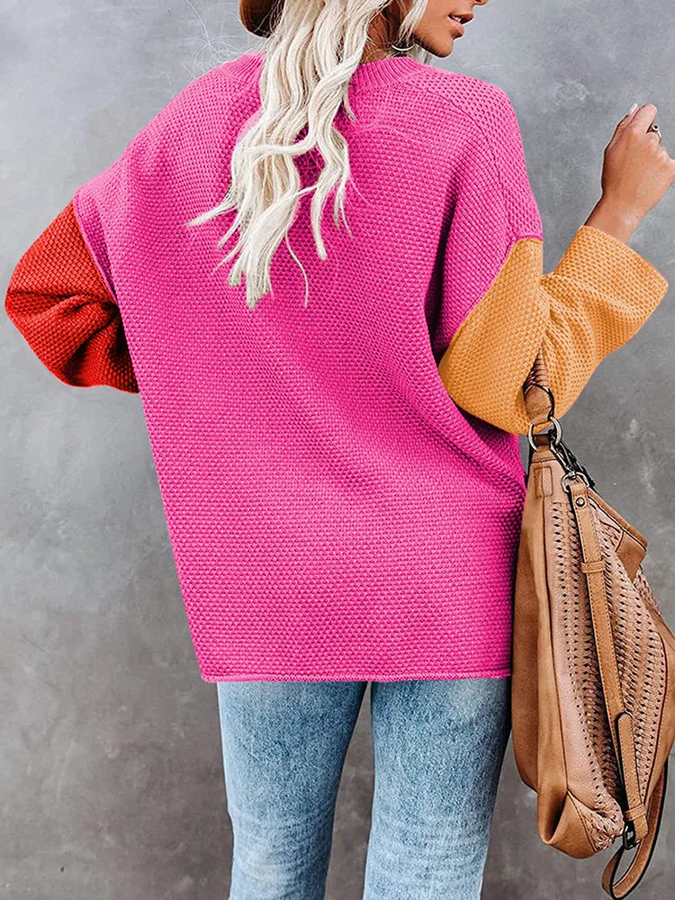 Women's Oversized Sweaters Batwing Sleeve Button Up Color Block Henley Pullover Knit Jumper