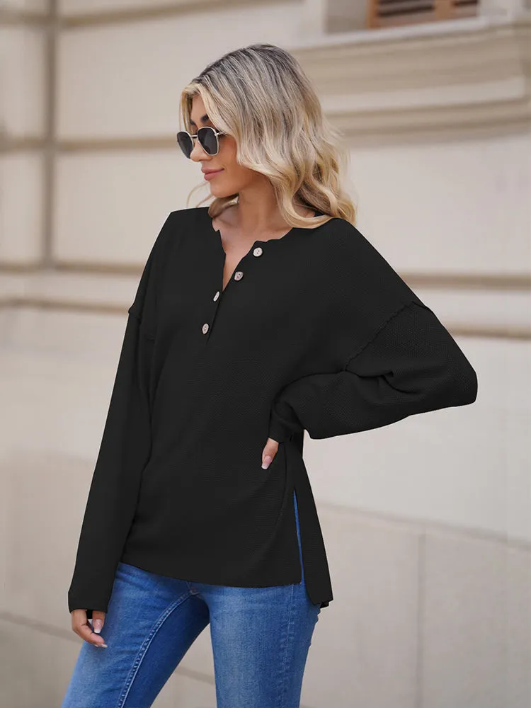 Women's Oversized Sweaters Batwing Sleeve Button Up Color Block Henley Pullover Knit Jumper