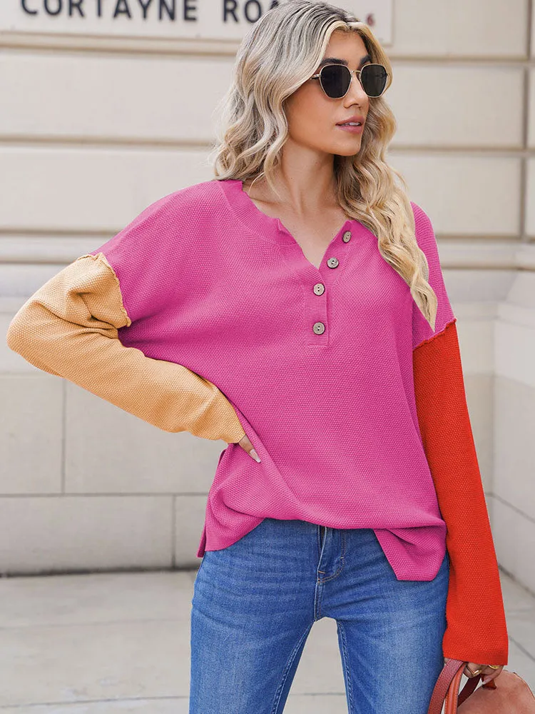 Women's Oversized Sweaters Batwing Sleeve Button Up Color Block Henley Pullover Knit Jumper