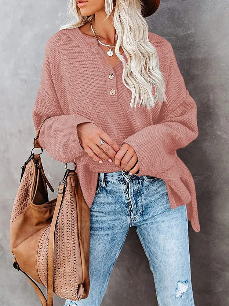 Women's Oversized Sweaters Batwing Sleeve Button Up Color Block Henley Pullover Knit Jumper