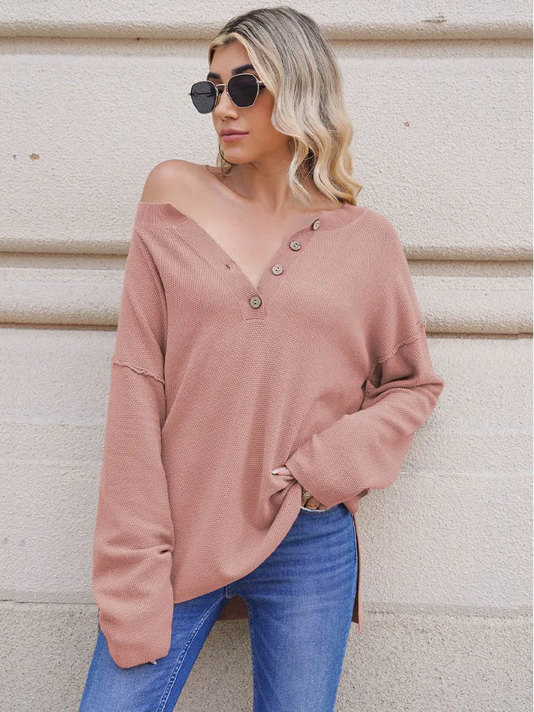 Women's Oversized Sweaters Batwing Sleeve Button Up Color Block Henley Pullover Knit Jumper