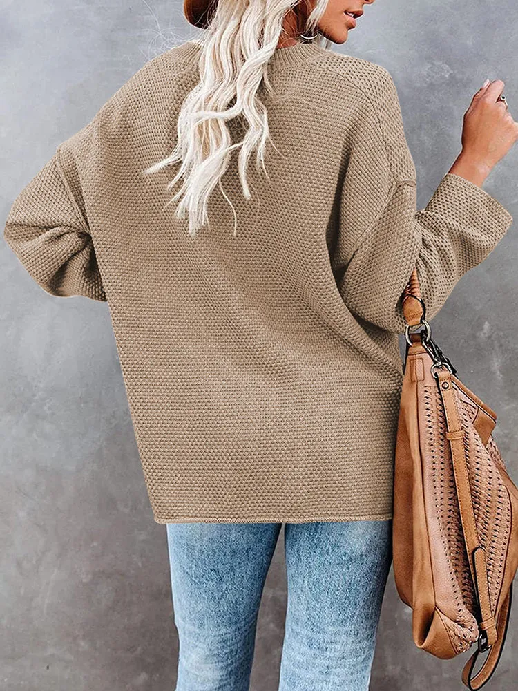 Women's Oversized Sweaters Batwing Sleeve Button Up Color Block Henley Pullover Knit Jumper