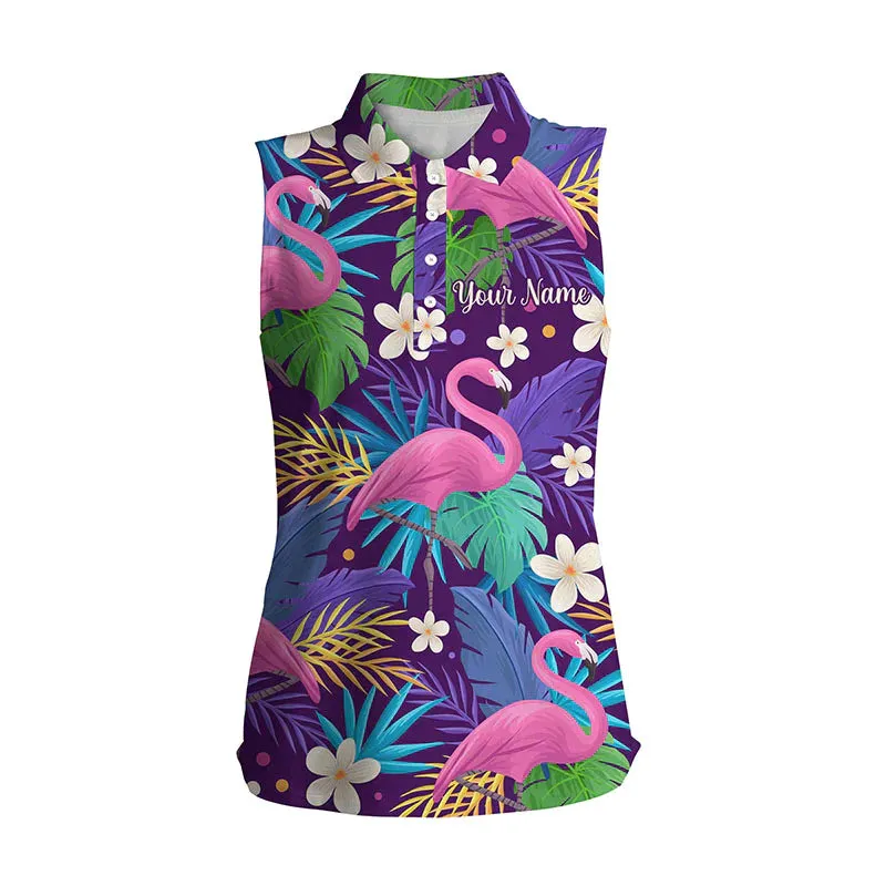 Women's sleeveless golf polo shirt, floral flamingo pattern tropical leaves custom team golf shirts