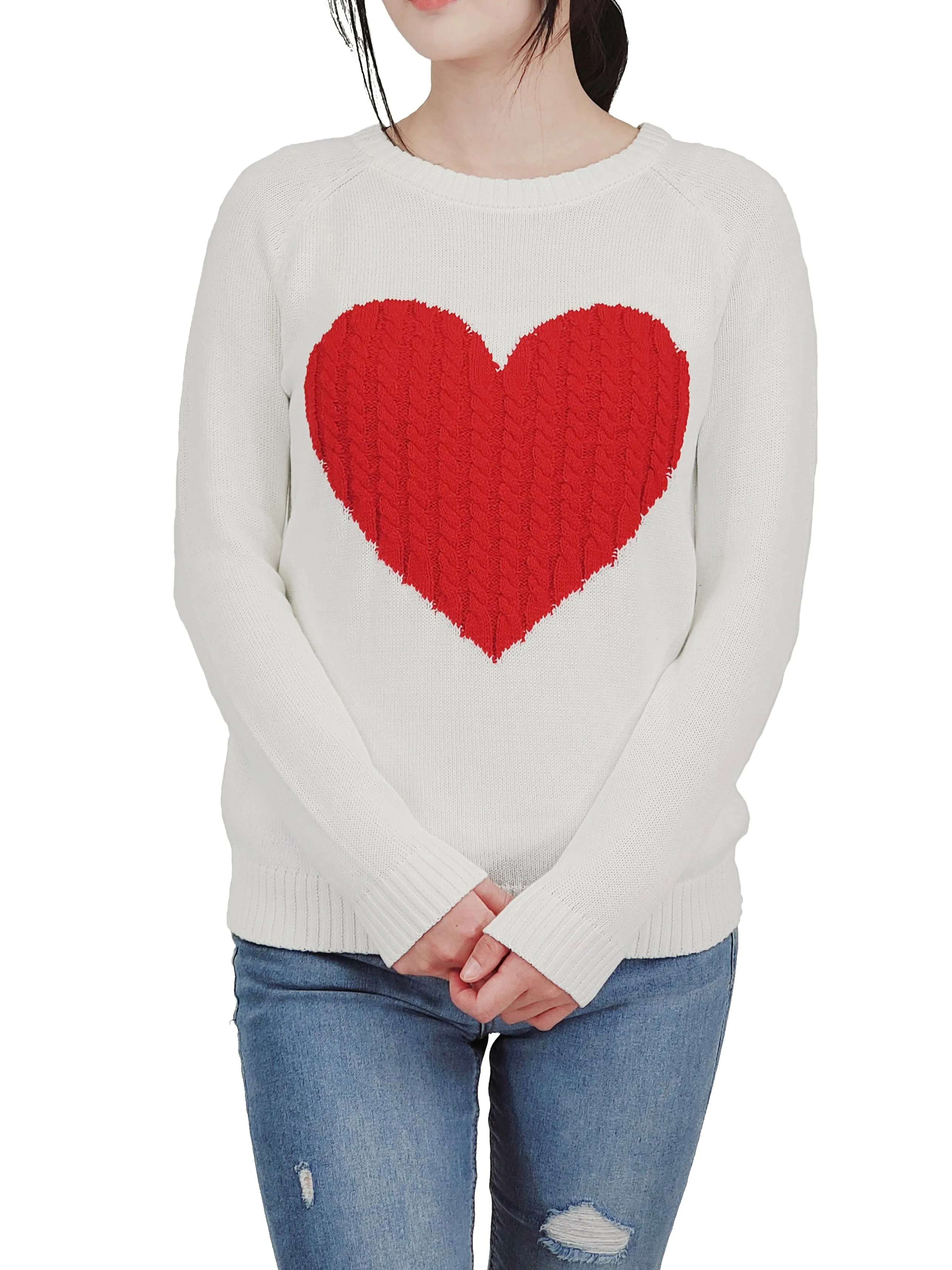 YEMAK Women's Long Sleeve Crewneck Cute Heart Cable Knit Pullover Sweater MK3506 (S-L)