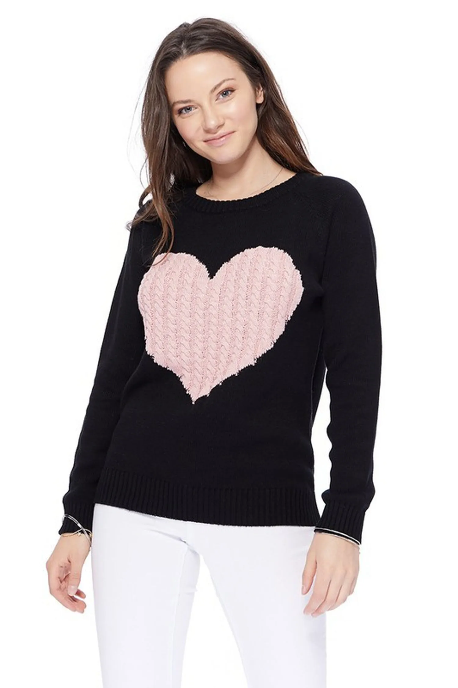 YEMAK Women's Long Sleeve Crewneck Cute Heart Cable Knit Pullover Sweater MK3506 (S-L)